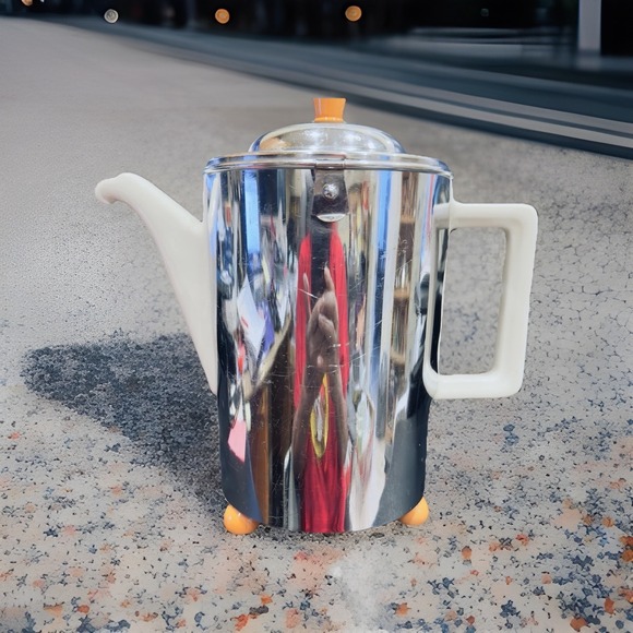 D R P Angem Coffee Teapot Germany Bakelite Knob Feet Metal Ceramic VTG Rare